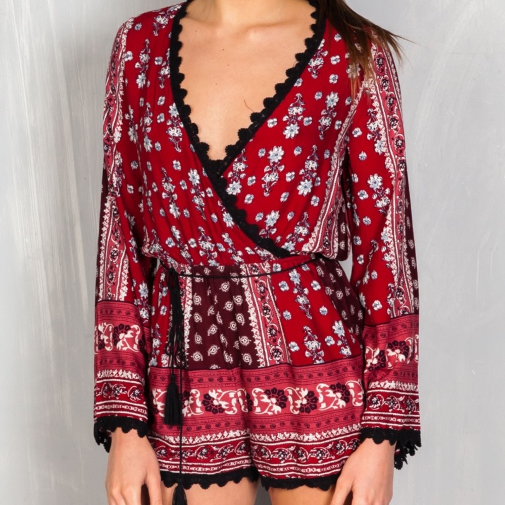 Burgundy Crochet Trim Romper